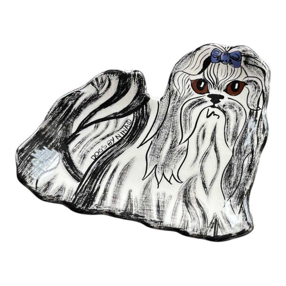 Dogs by Nina Cute Maltese Shih Tzu Trinket Tray Spoon Rest Dish 5 1/2" x 5" EUC